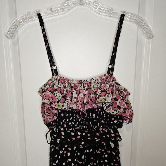 Floral Black Spaghetti Strap Ruffle Top Belted Stretch Waist Maxi Dress Size M - Picture 9 of 12